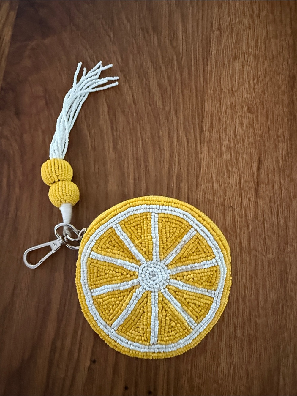 Wandering Moon Beaded Lemon Pouch  - Yellow & White Tassel Charm 4.5” diameter